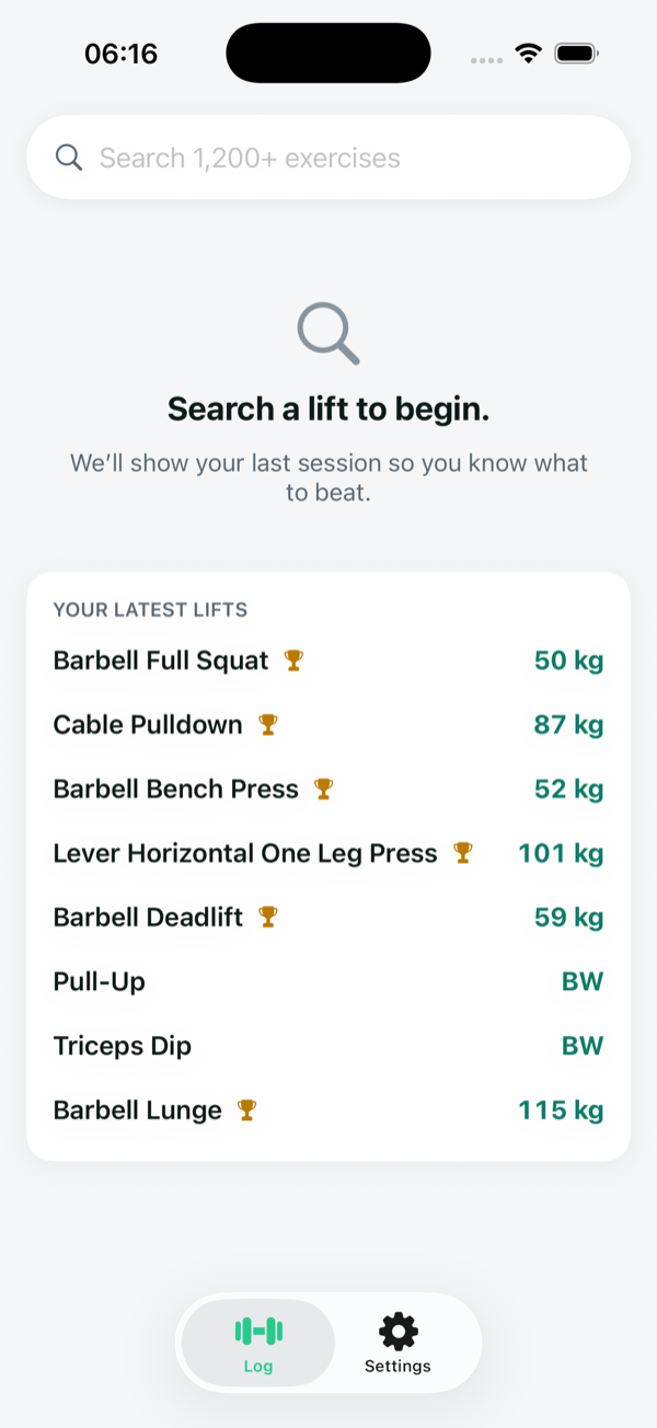 LastLift showing last session's weight, reps and RPE the moment you pick a lift