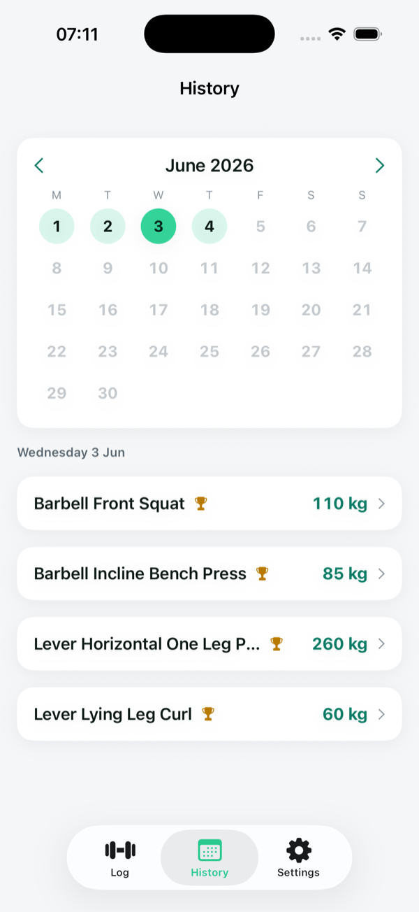 Workout history calendar in the LastLift iPhone app